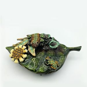 Enamel Leaf With Crystal Frogs Floral Jewelry Box